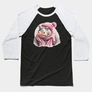 Adorable cute Hippo wearing a pink hat and scarf Baseball T-Shirt